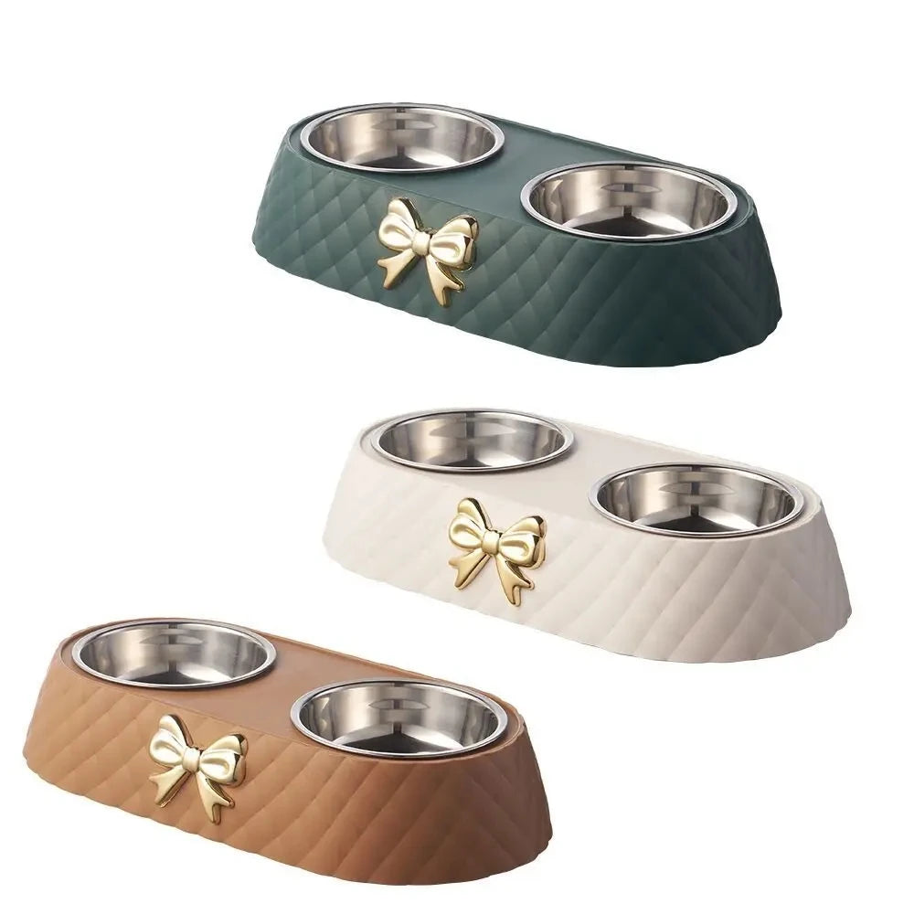 Stainless Steel Double Pet Bowl – Stylish Bow-Tie Design for Food & Water