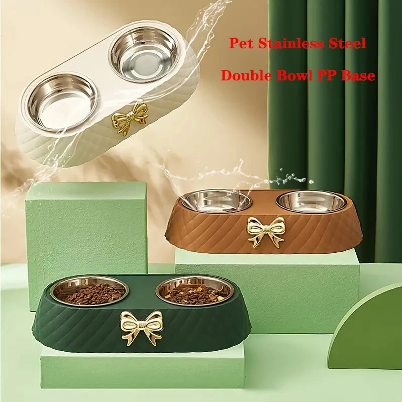 Stainless Steel Double Pet Bowl – Stylish Bow-Tie Design for Food & Water