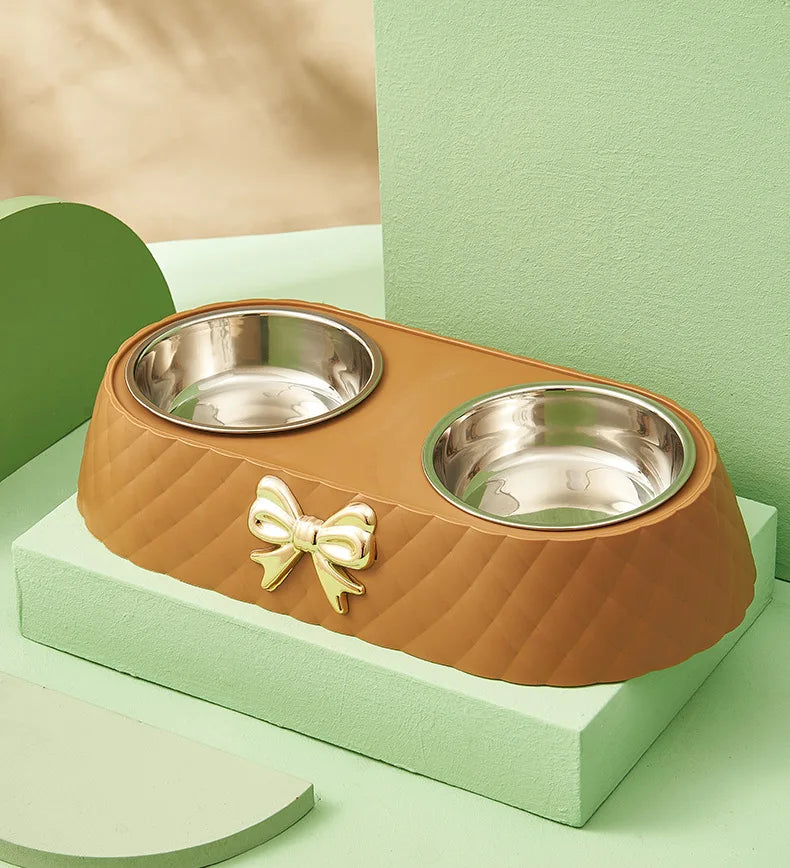 Stainless Steel Double Pet Bowl – Stylish Bow-Tie Design for Food & Water