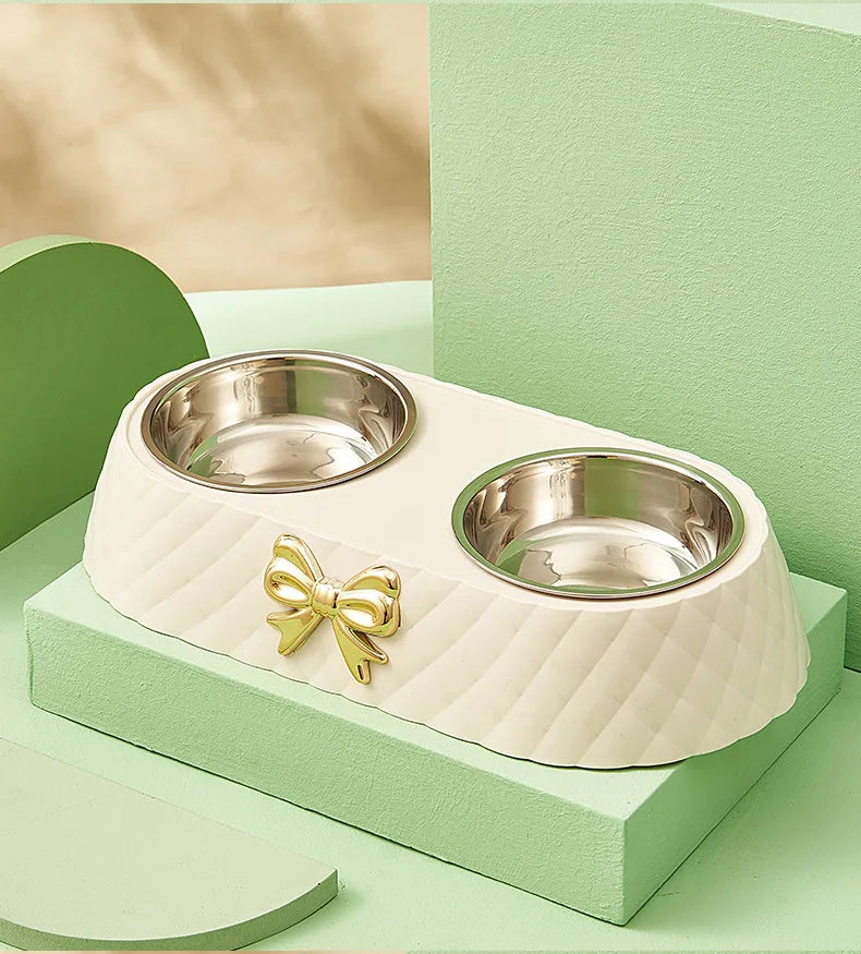 Stainless Steel Double Pet Bowl – Stylish Bow-Tie Design for Food & Water