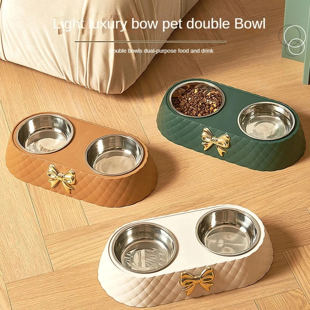 Stainless Steel Double Pet Bowl – Stylish Bow-Tie Design for Food & Water