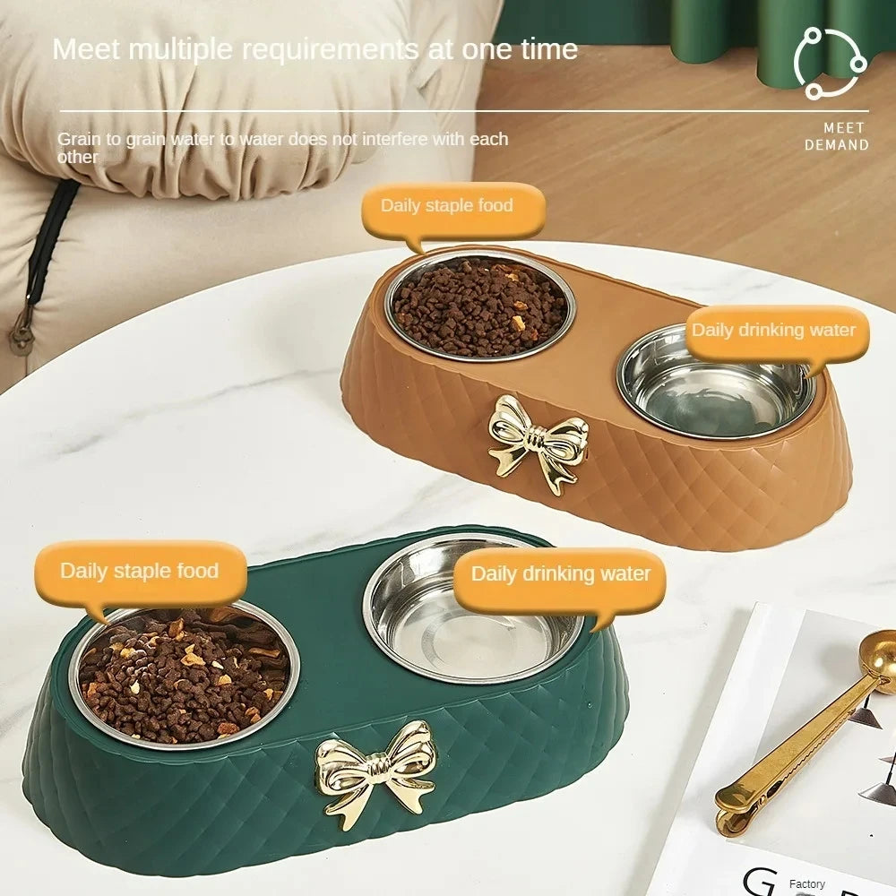 Stainless Steel Double Pet Bowl – Stylish Bow-Tie Design for Food & Water