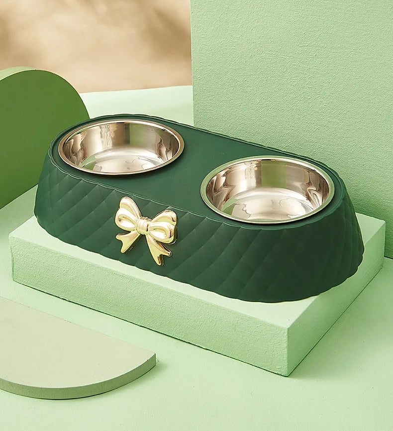 Stainless Steel Double Pet Bowl – Stylish Bow-Tie Design for Food & Water